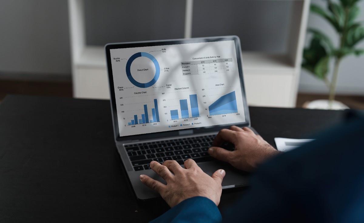  Computer screen displaying analytics dashboard with graphs, charts, and performance metrics for local search data